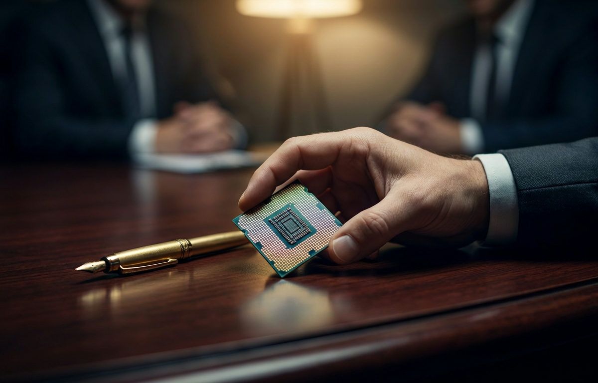 Makrobild av en hand som håller en AI-servermikrochip på ett mahognybord med guldpennan.