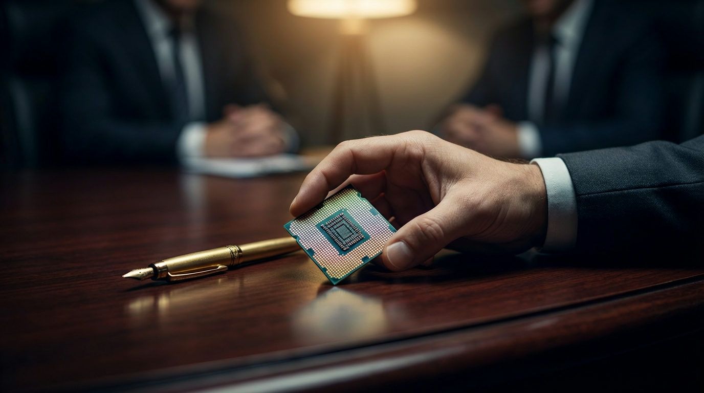 Makrobild av en hand som håller en AI-servermikrochip på ett mahognybord med guldpennan.