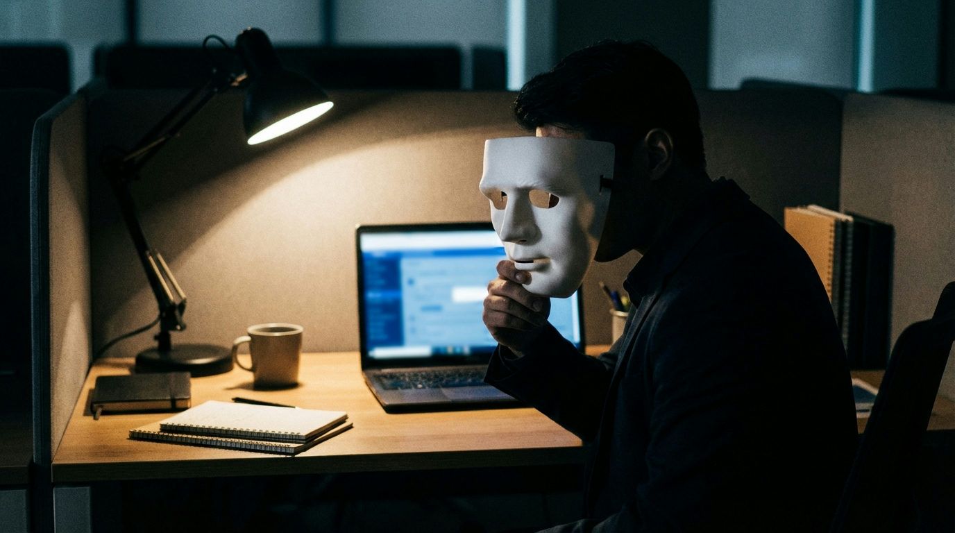 En person håller upp en vit teatermask framför en bärbar dator i ett dämpat upplyst kontor.