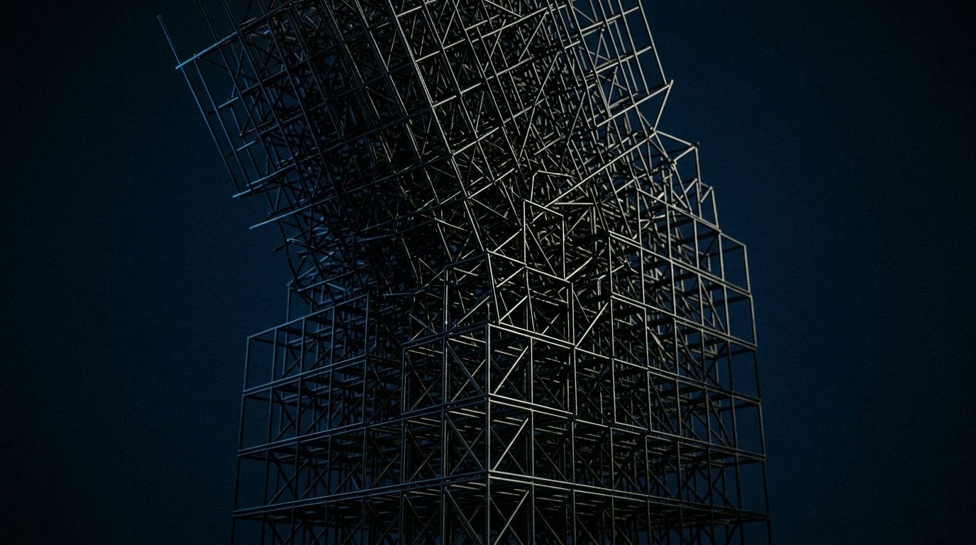 Modell av ett torn byggt av tunna svarta metallstavar som överst övergår i ett tätt, oredigt trassel.