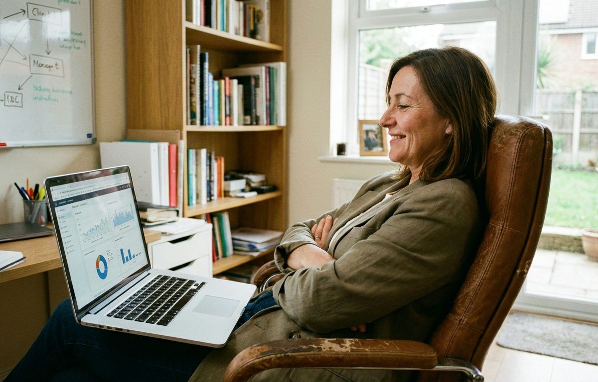 En leende kvinna med korsade armar sitter i en brun läderfåtölj med en laptop i knät.