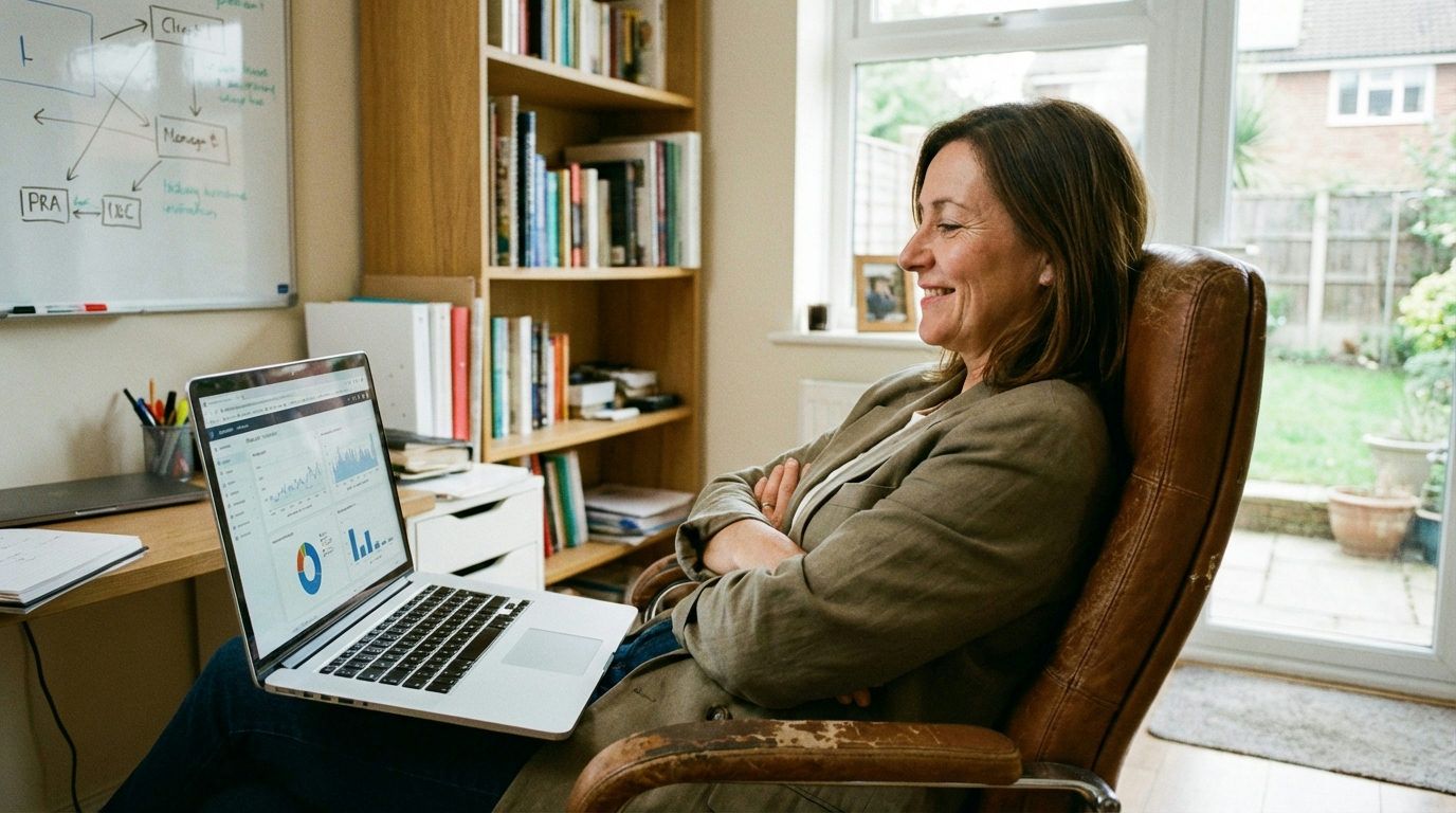 En leende kvinna med korsade armar sitter i en brun läderfåtölj med en laptop i knät.