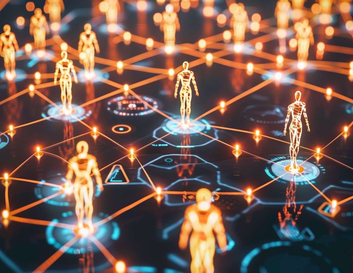 Lysande orange figurer, som stiliserade människor, kopplas samman av linjer i ett digitalt nätverk, vilket illustrerar AI-agenters funktion.