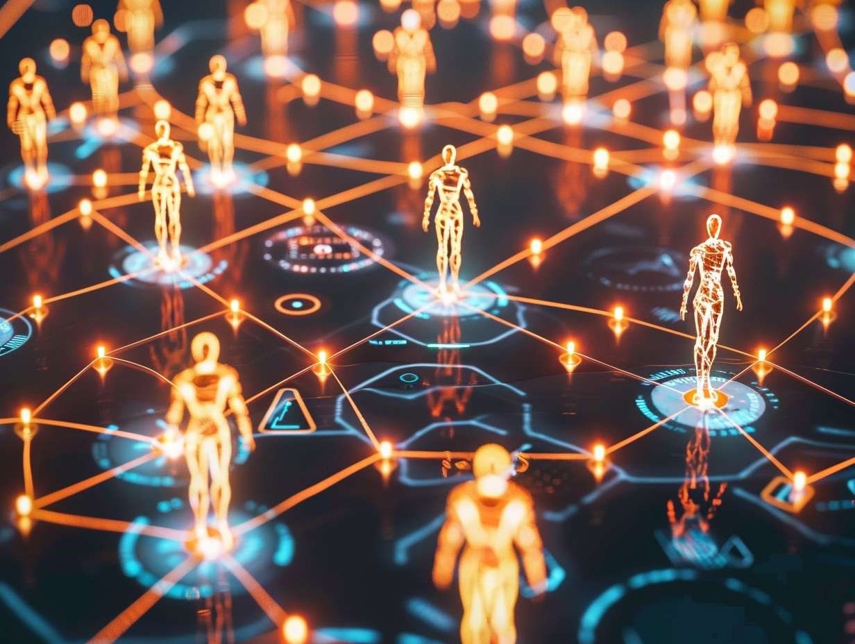 Lysande orange figurer, som stiliserade människor, kopplas samman av linjer i ett digitalt nätverk, vilket illustrerar AI-agenters funktion.