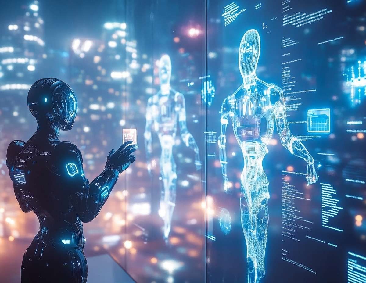 Robotliknande figur betraktar en digital representation av en människokropp och kod, vilket illustrerar hur AGI lär sig från och interagerar med omgivningen.