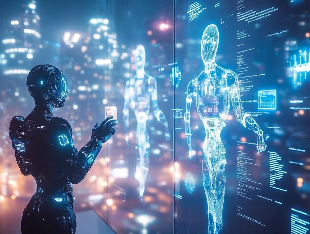 Robotliknande figur betraktar en digital representation av en människokropp och kod, vilket illustrerar hur AGI lär sig från och interagerar med omgivningen.