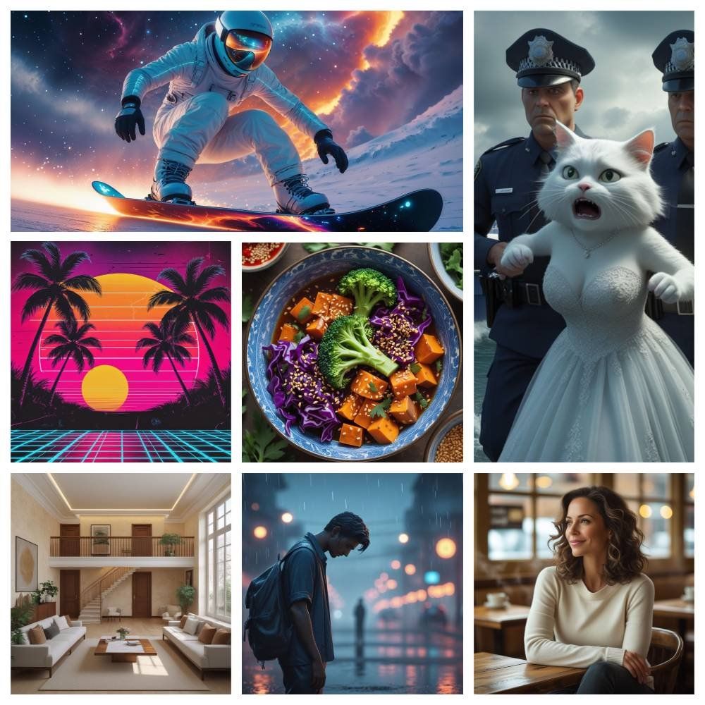 En collage av sex AI-genererade bilder, som illustrerar de olika typer av bilder man kan skapa med gratis AI-verktyg.