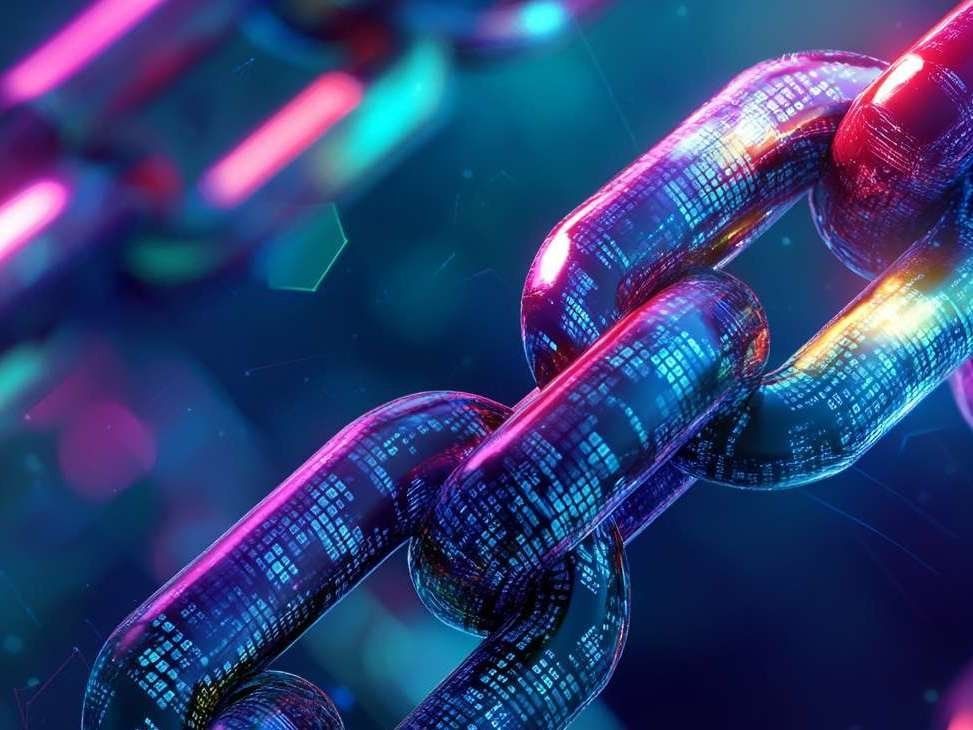 Bild som visar en glänsande länk i en kedja med inbäddade data, vilket symboliserar blockchain-teknologi.