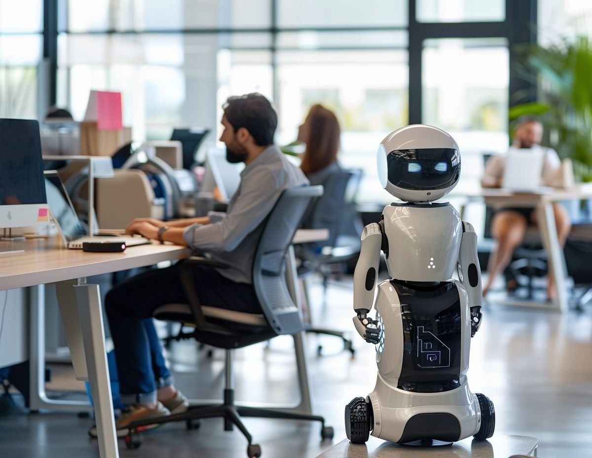En humanoid robot med skärmögon står i ett öppet kontorslandskap där människor arbetar vid sina datorer.