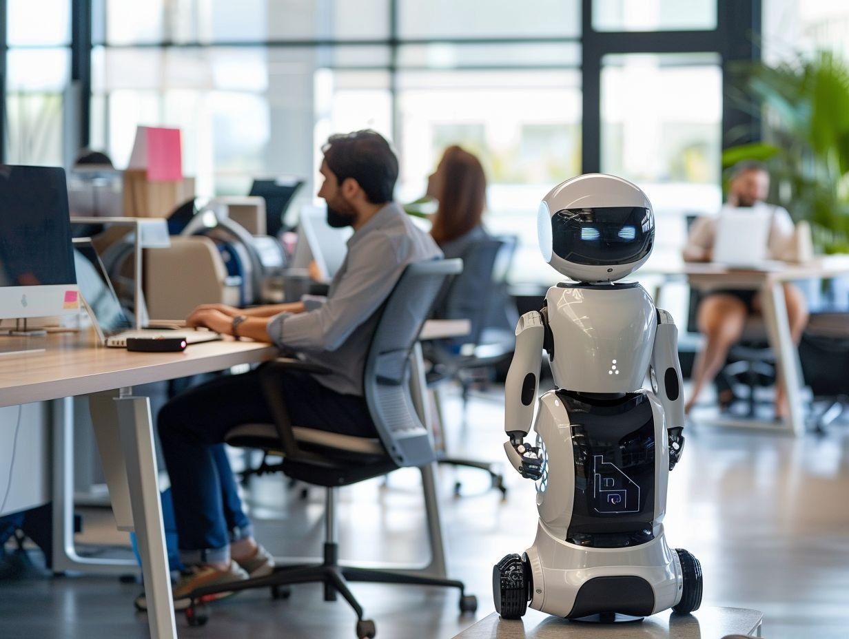 En humanoid robot med skärmögon står i ett öppet kontorslandskap där människor arbetar vid sina datorer.