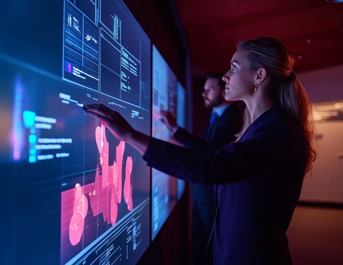 Kvinna och man interagerar med stora pekskärmar som visar diagram och data, symboliserande dataanalys och AI-arbete.