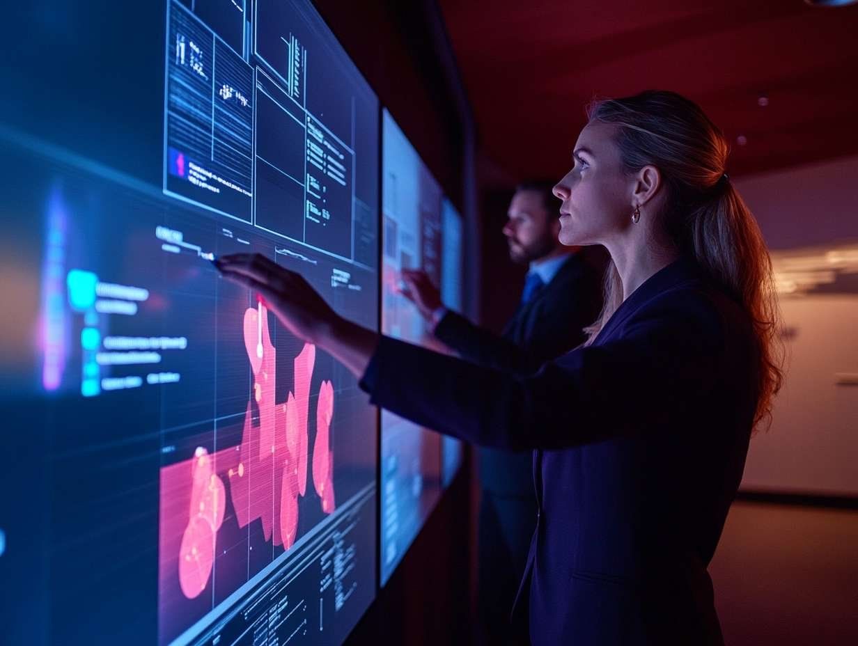 Kvinna och man interagerar med stora pekskärmar som visar diagram och data, symboliserande dataanalys och AI-arbete.