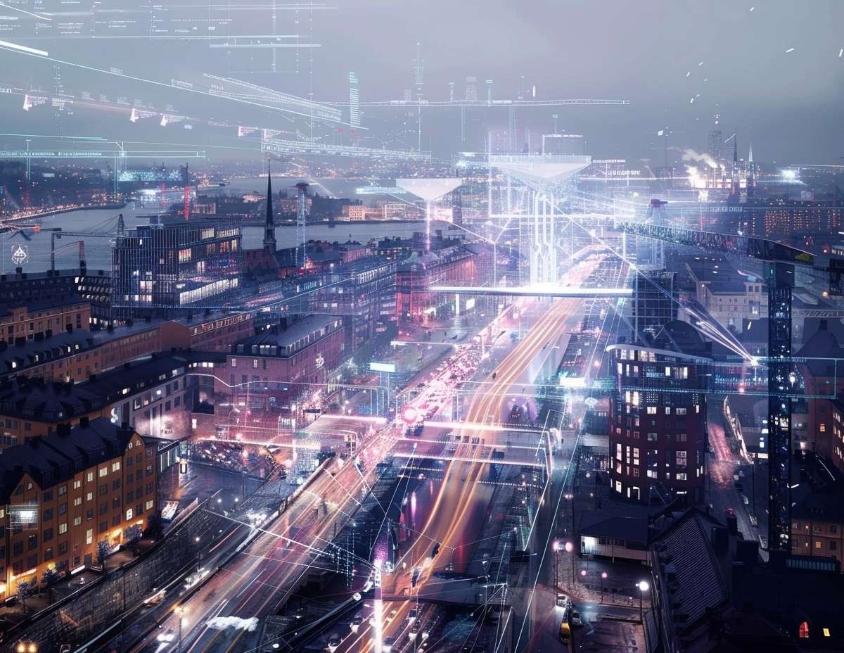 Stadsbild med byggnader och gator översållade av digitala linjer och nätverk, som symboliserar hur AI genomsyrar infrastrukturen.
