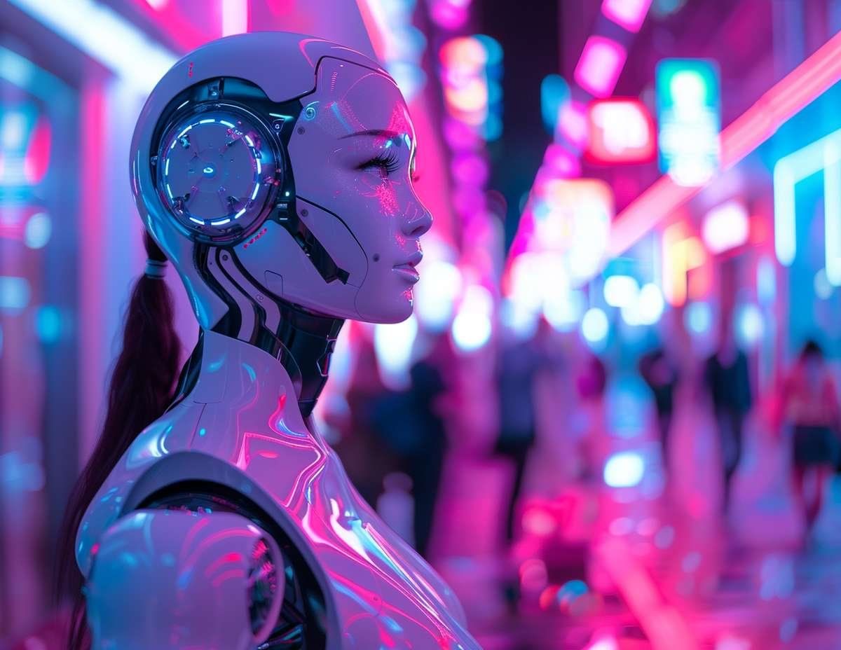 En detaljerad bild av en futuristisk kvinnlig robot i en cyberpunkliknande stadsmiljö med neonljus.