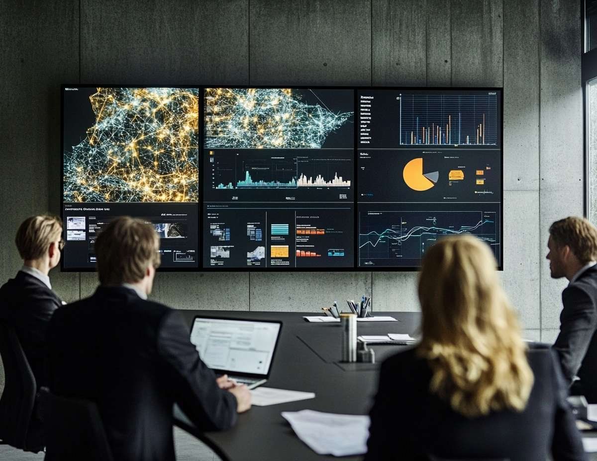 Fyra personer i kostym tittar på en stor skärm som visar visualiseringar av data och grafer i ett konferensrum.