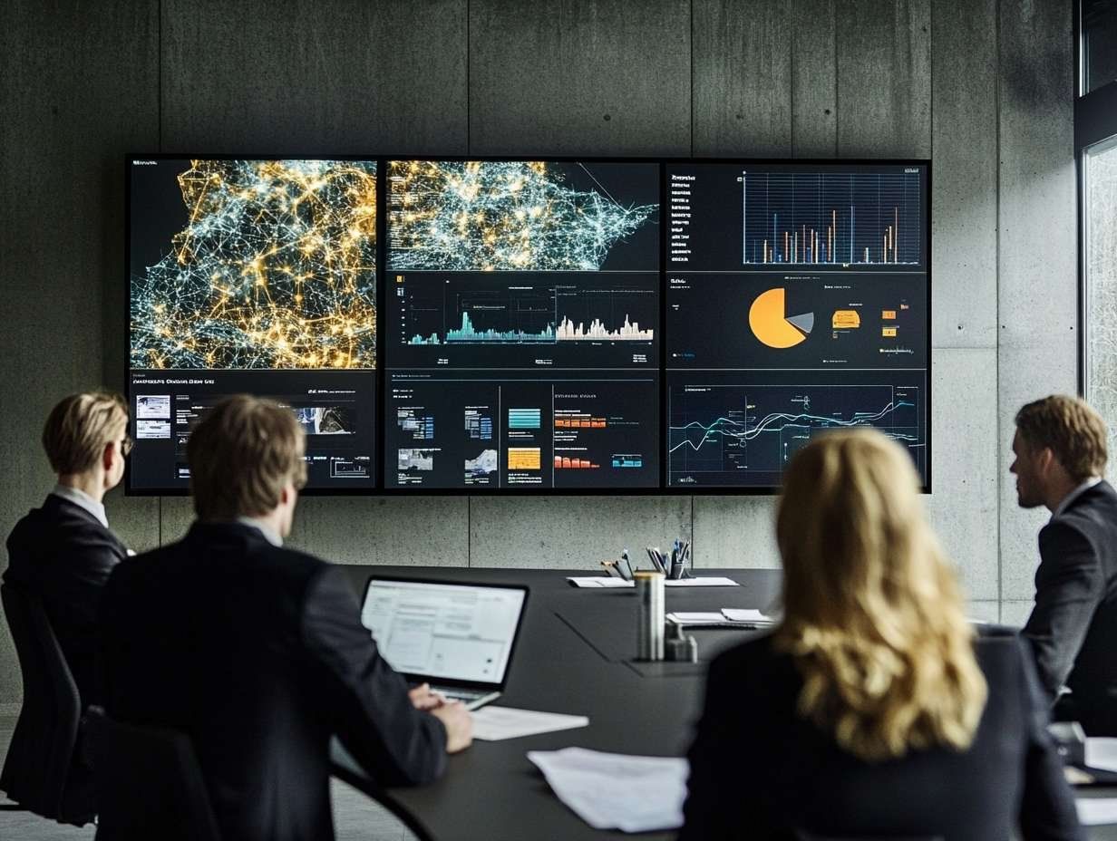 Fyra personer i kostym tittar på en stor skärm som visar visualiseringar av data och grafer i ett konferensrum.