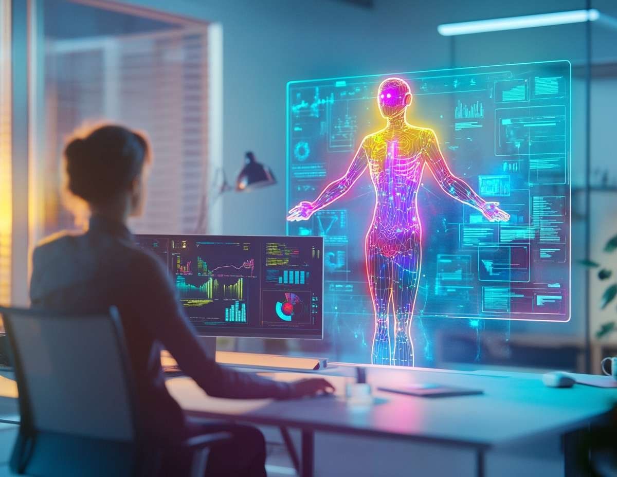 En person sitter framför en skärm med diagram och en större holografisk bild av en upplyst mänsklig kropp.