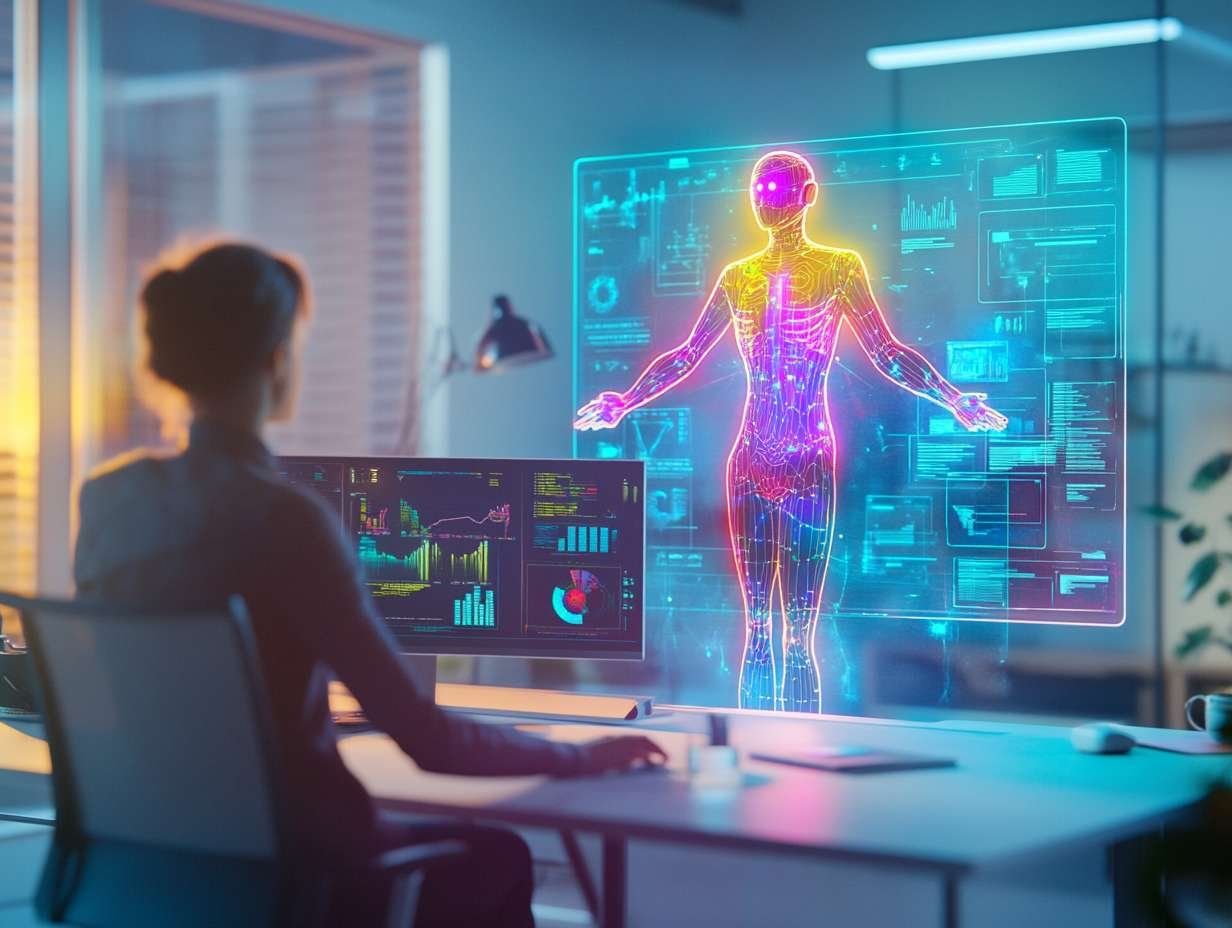 En person sitter framför en skärm med diagram och en större holografisk bild av en upplyst mänsklig kropp.