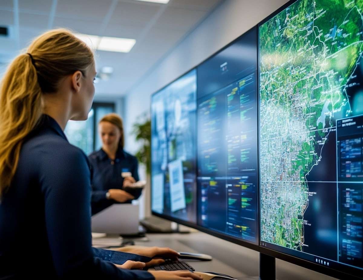 En person arbetar framför flera stora skärmar som visar data och kartor, med en kollega i bakgrunden.