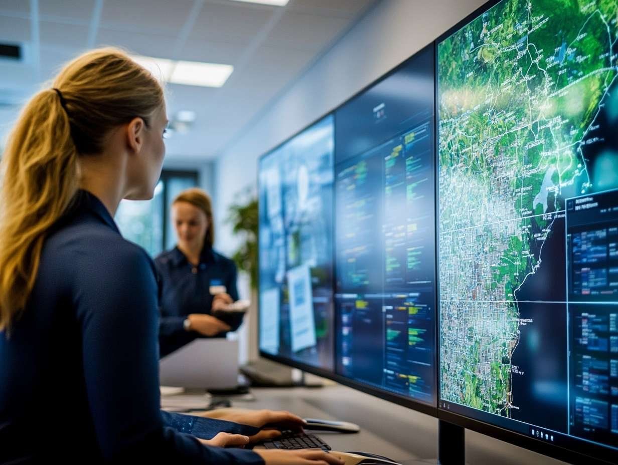En person arbetar framför flera stora skärmar som visar data och kartor, med en kollega i bakgrunden.
