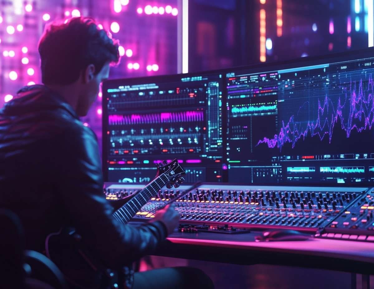 En person spelar gitarr framför två bildskärmar med ljudvågor och en ljudmixer, vilket illustrerar musikskapande med AI.