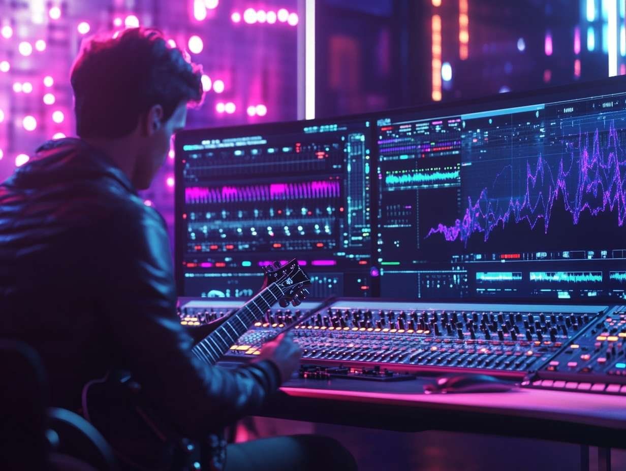 En person spelar gitarr framför två bildskärmar med ljudvågor och en ljudmixer, vilket illustrerar musikskapande med AI.