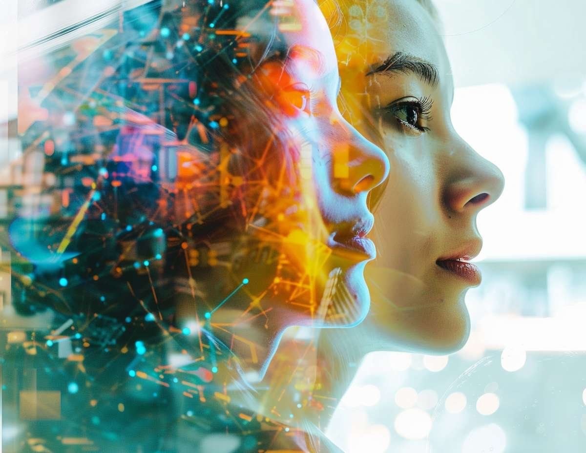 Dubbelexponerad bild med en kvinnas ansiktsprofil bredvid ett nätverk av upplysta digitala kopplingar, som illustrerar sammansmältningen av mänsklig och artificiell intelligens.