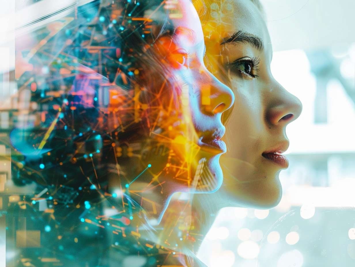 Dubbelexponerad bild med en kvinnas ansiktsprofil bredvid ett nätverk av upplysta digitala kopplingar, som illustrerar sammansmältningen av mänsklig och artificiell intelligens.