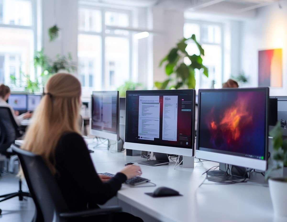 Person med blont hår sitter vid ett skrivbord och arbetar med dubbla datorskärmar i ett ljust kontor.