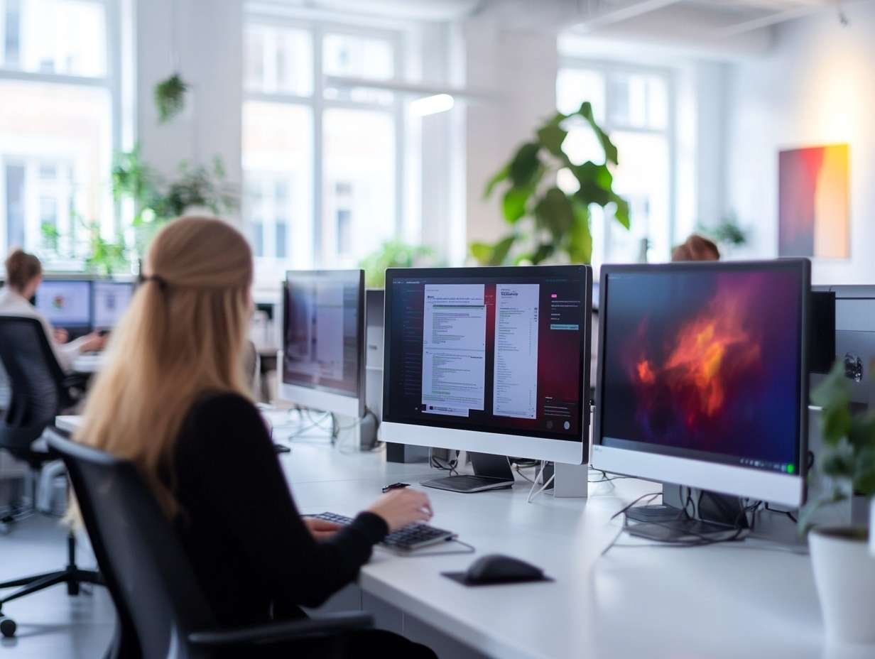 Person med blont hår sitter vid ett skrivbord och arbetar med dubbla datorskärmar i ett ljust kontor.