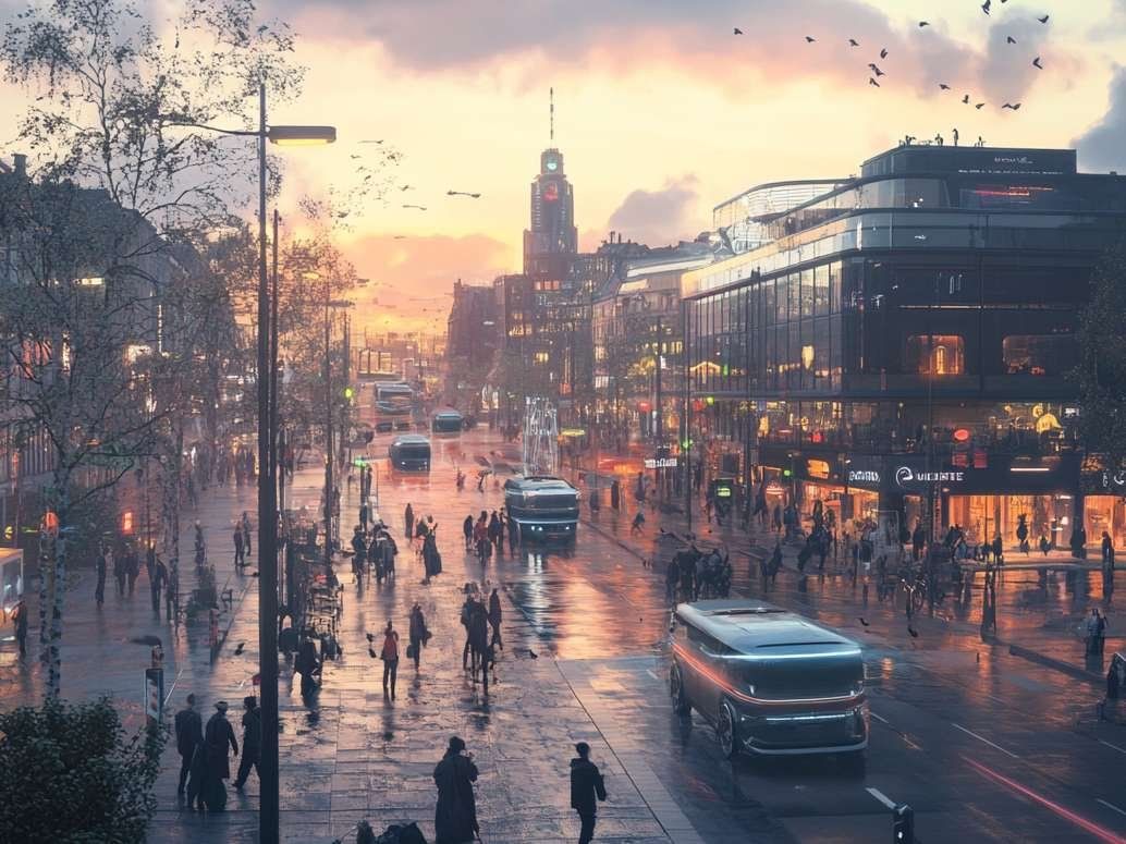 En livlig gata i en modern stad med futuristiska bussar, gående människor och belysta byggnader i solnedgången.