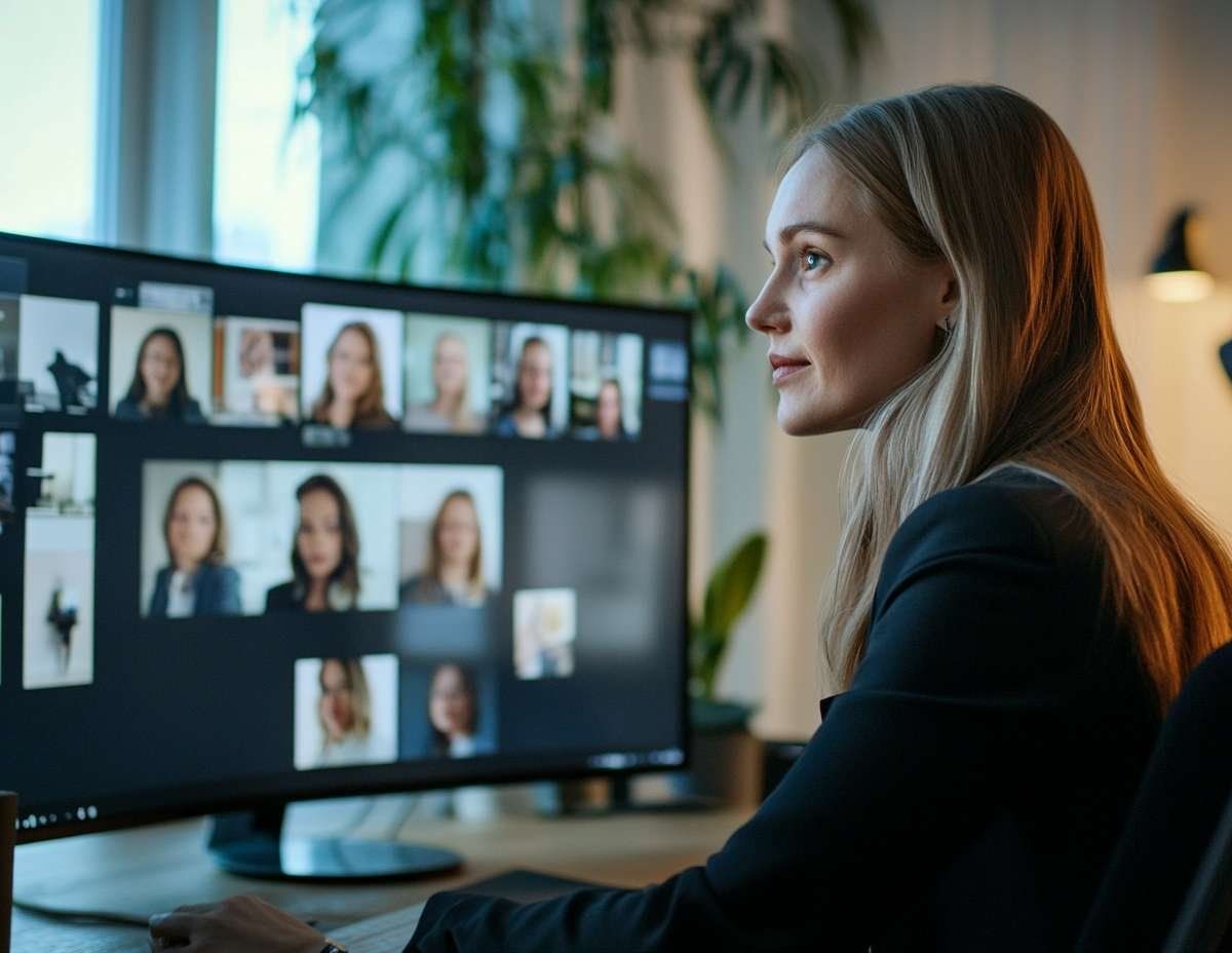 Kvinna framför datorskärm med en videokonferens pågående, symboliserar digital rekrytering och intervjuer.