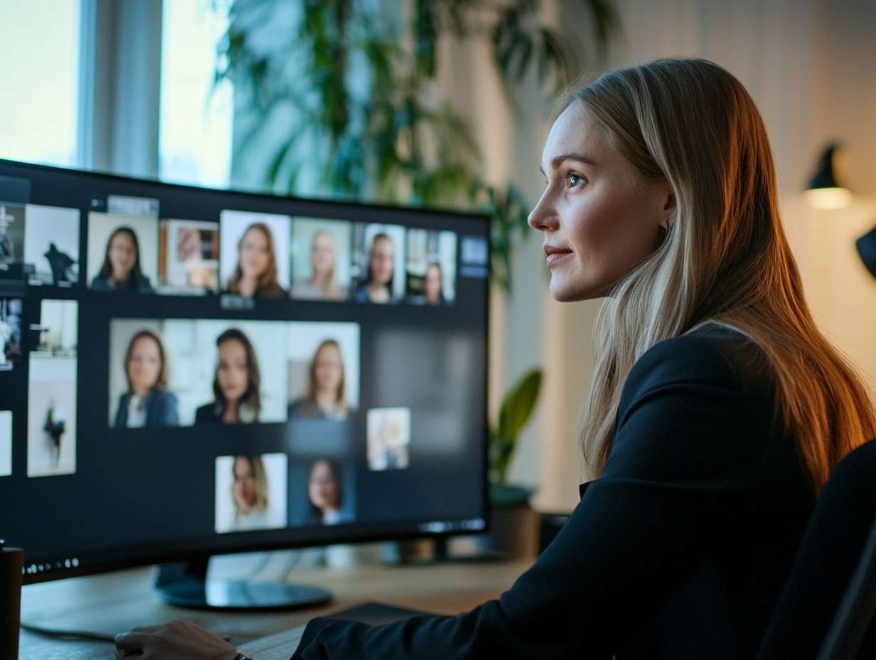 Kvinna framför datorskärm med en videokonferens pågående, symboliserar digital rekrytering och intervjuer.