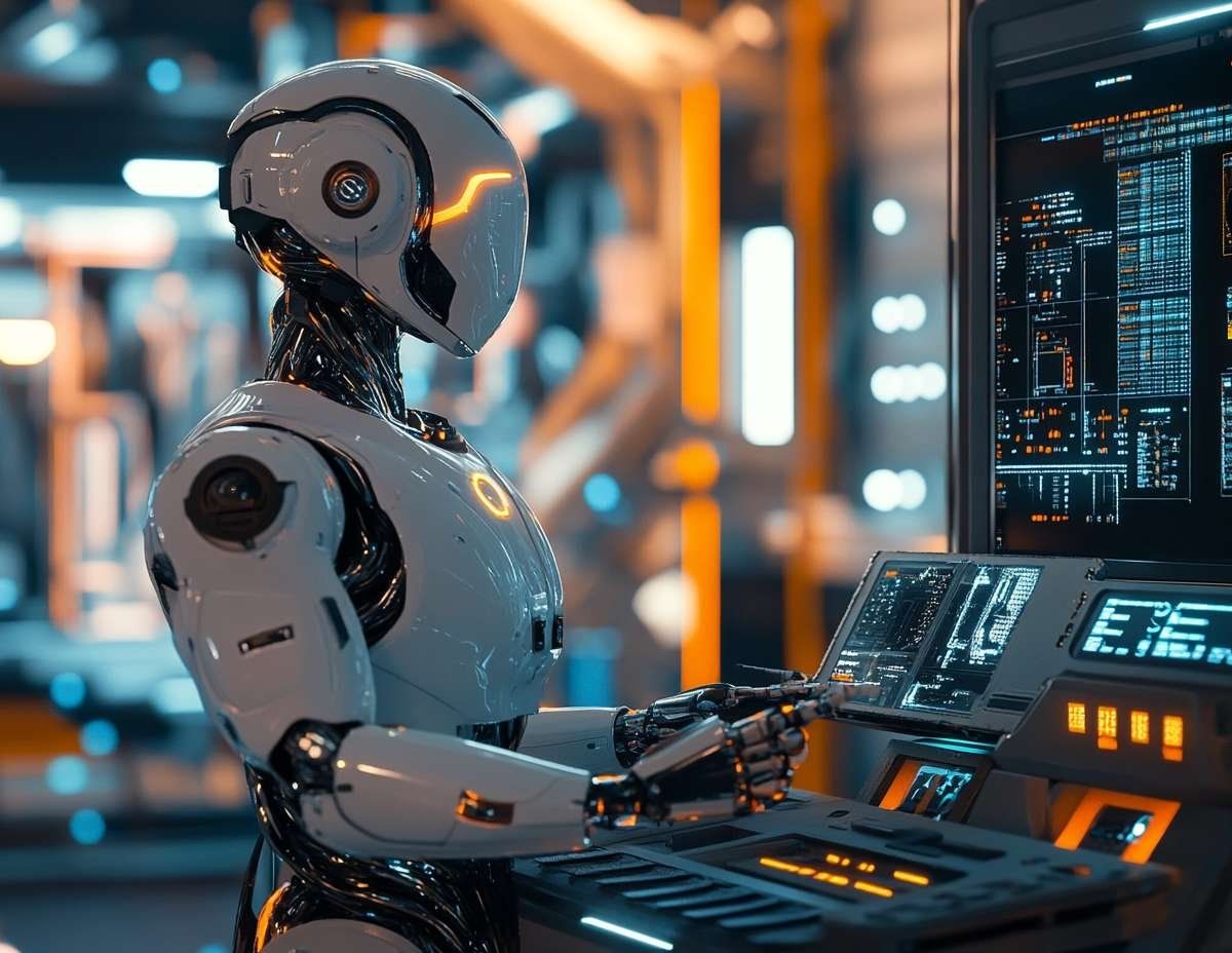 En vit robot med orange ljusdetaljer interagerar med en kontrollpanel som visar schematiska diagram.