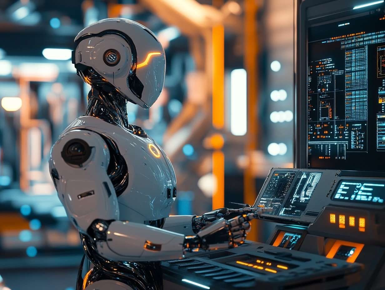En vit robot med orange ljusdetaljer interagerar med en kontrollpanel som visar schematiska diagram.