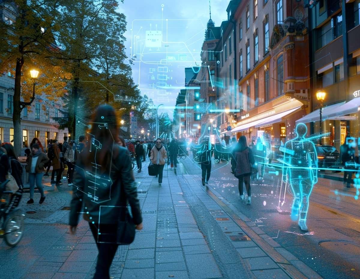 Människor går på en stadsgata med byggnader och träd. Blå virtuella gränssnitt och en virtuell person syns.