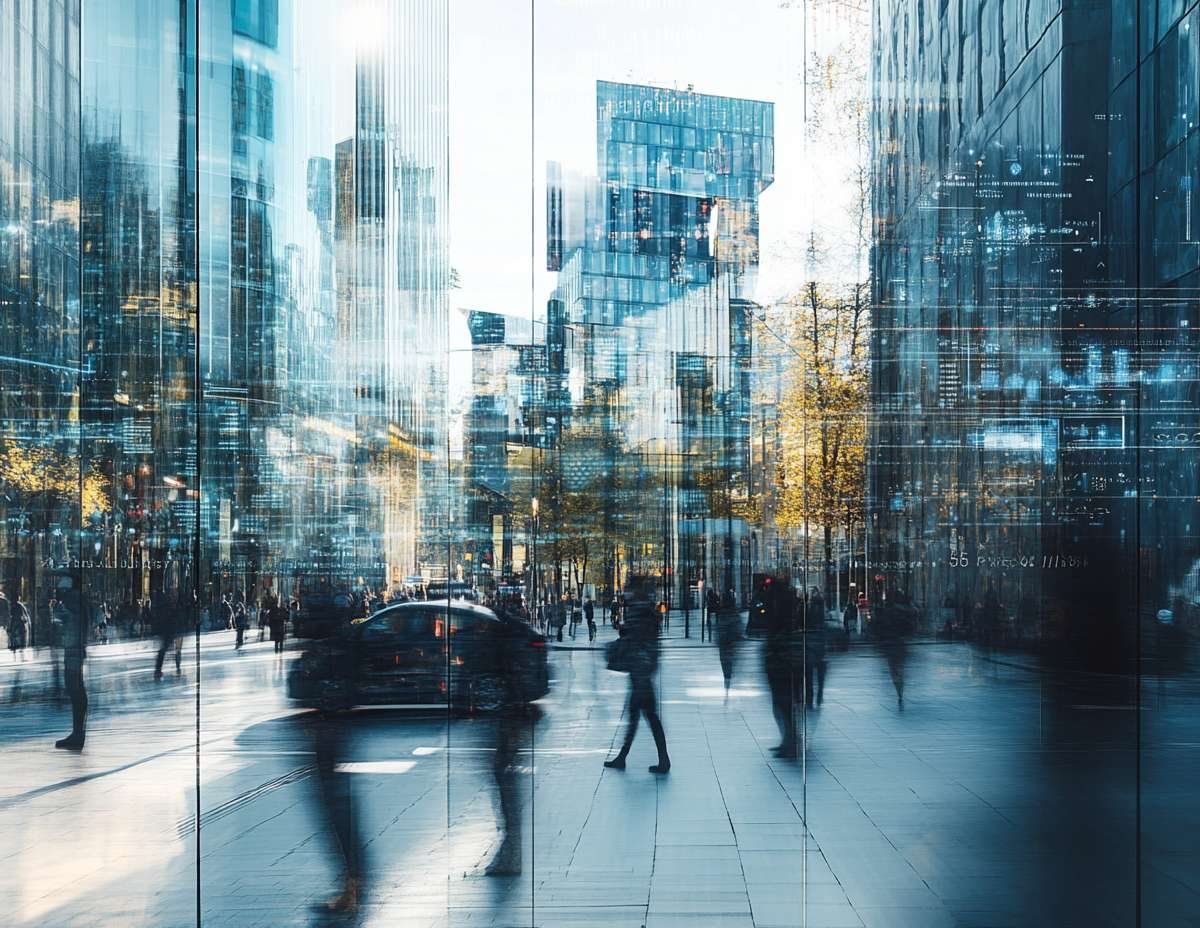 Stadsgata med människor och byggnader, överlagrad med digitala mönster som symboliserar AI:s integration i vardagen.