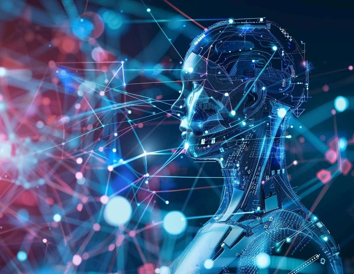 Sidan av ett stiliserat robotansikte i profil med upplysta linjer som visar kopplingar och neurala nätverk.