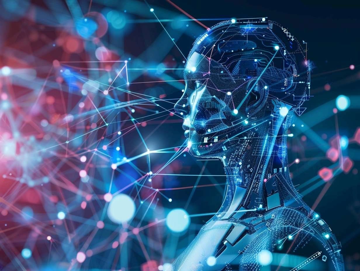Sidan av ett stiliserat robotansikte i profil med upplysta linjer som visar kopplingar och neurala nätverk.