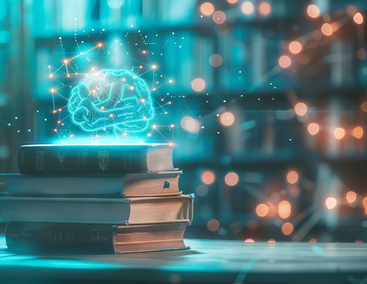 En stapel böcker med en glödande, digital hjärna och ett nätverk av ljuspunkter.