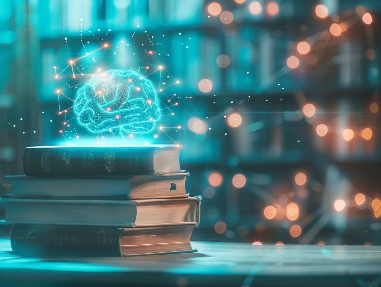 En stapel böcker med en glödande, digital hjärna och ett nätverk av ljuspunkter.