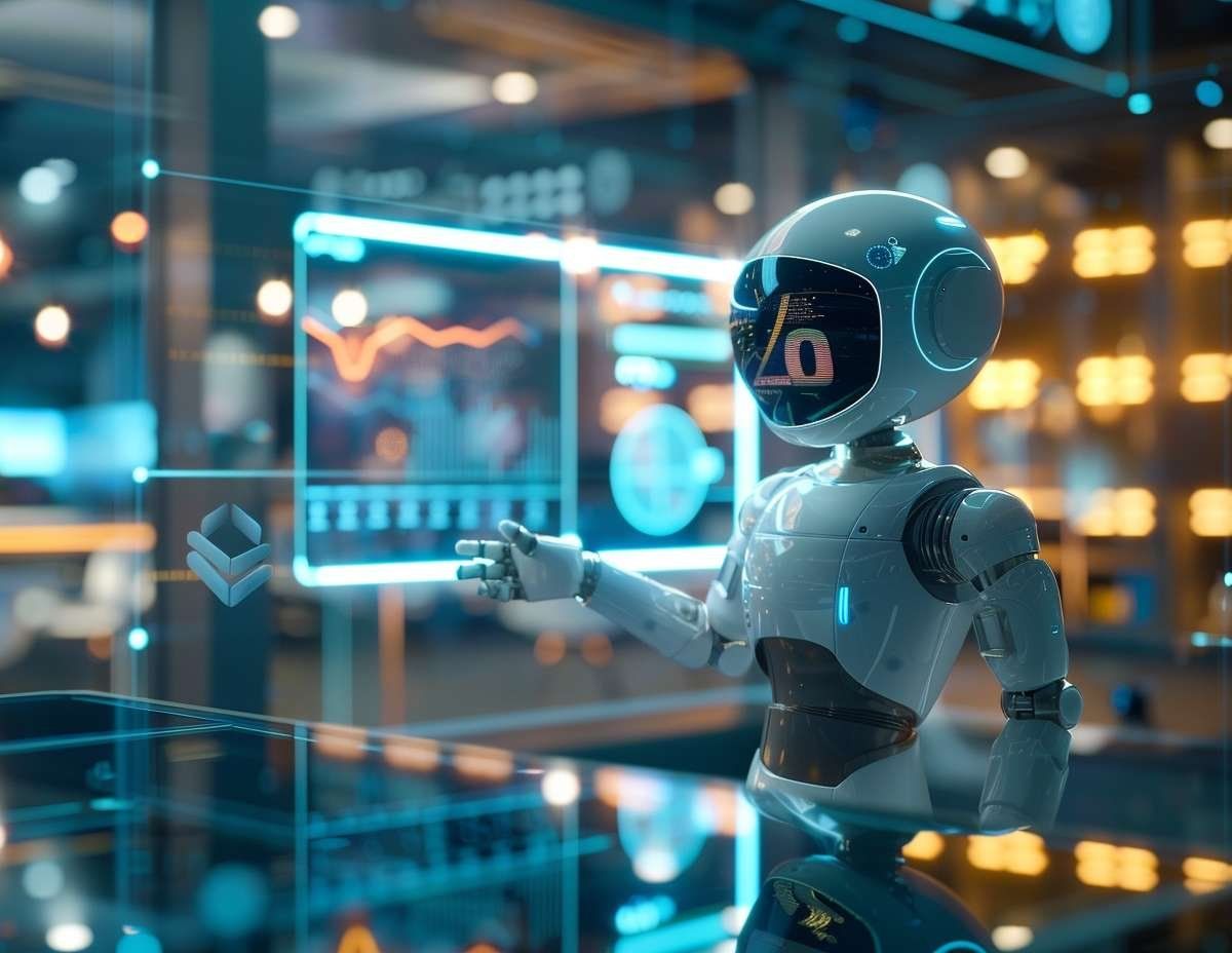 En vit robot med en skärm som ansikte, omgiven av digitala gränssnitt och abstrakta dataflöden, som illustrerar AI-chatbottar.