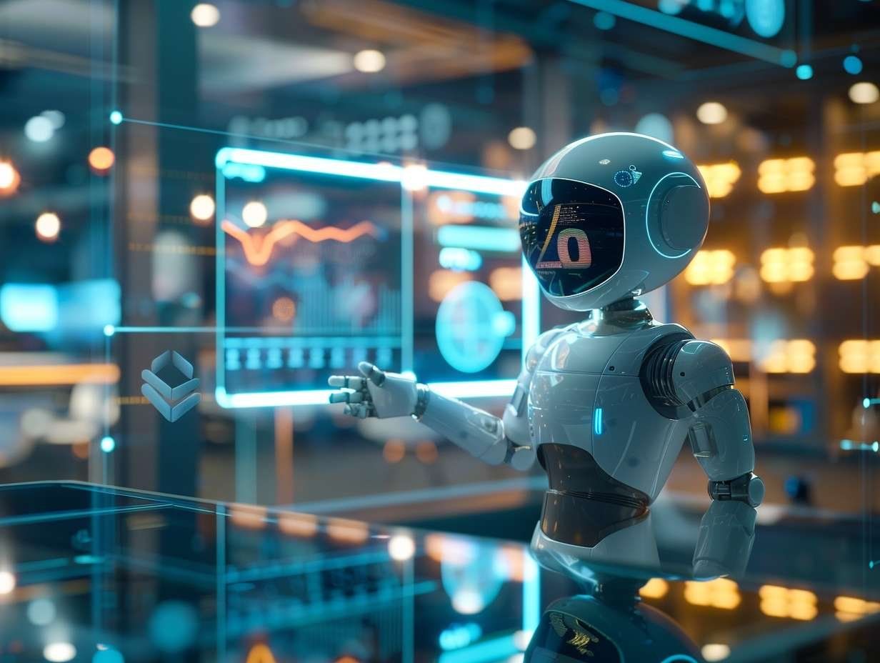 En vit robot med en skärm som ansikte, omgiven av digitala gränssnitt och abstrakta dataflöden, som illustrerar AI-chatbottar.