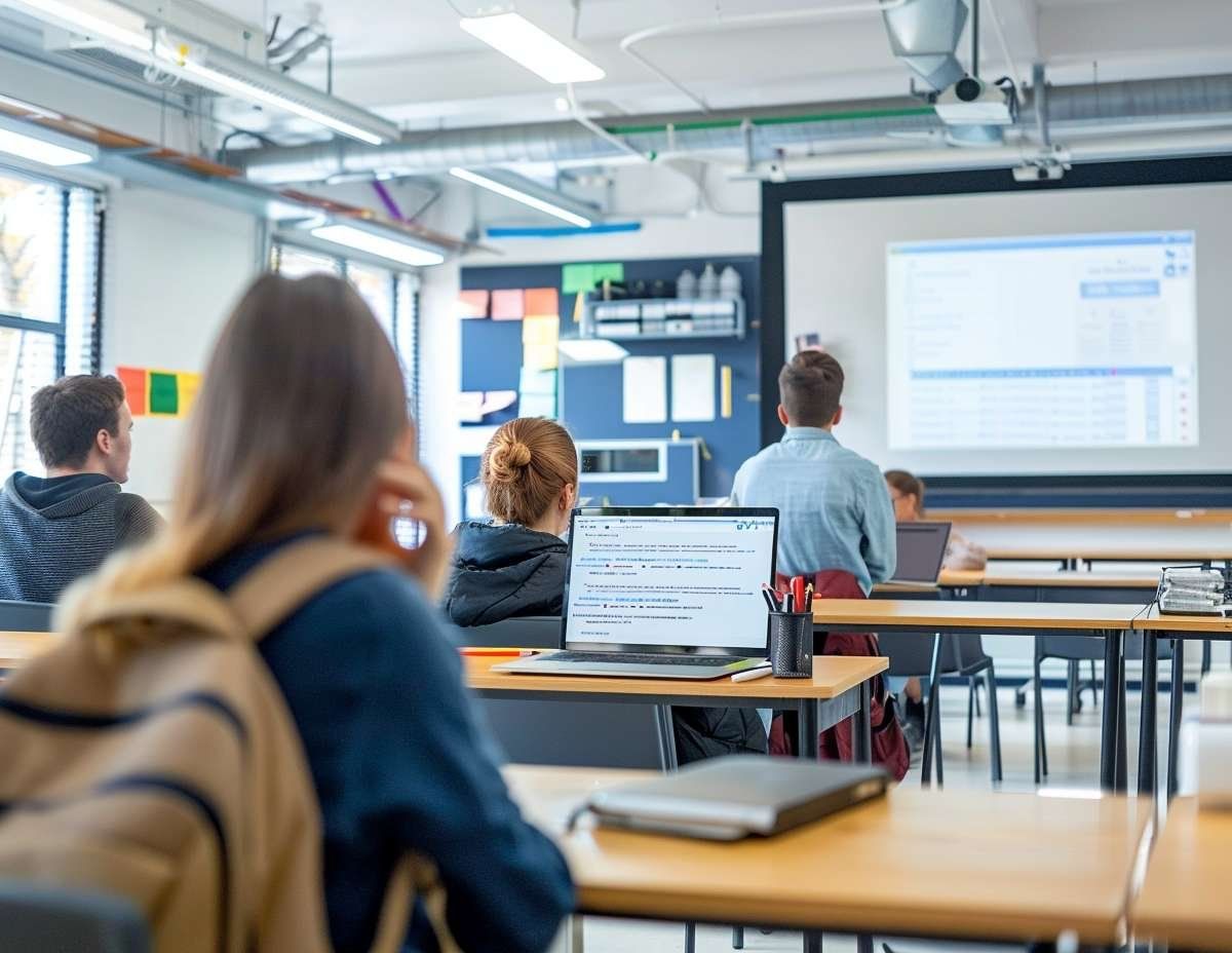 Elever sitter i en ljus lektionssal med varsin laptop framför sig och en presentation på storbildsskärmen.