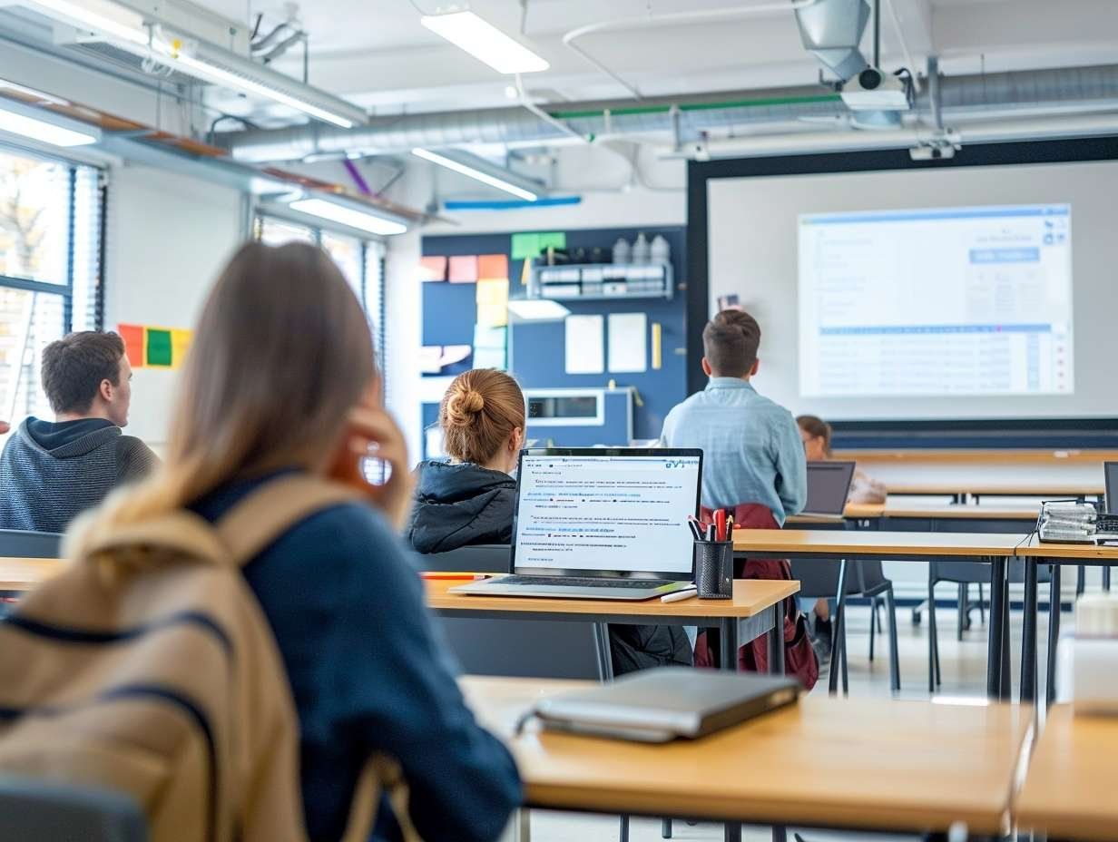 Elever sitter i en ljus lektionssal med varsin laptop framför sig och en presentation på storbildsskärmen.