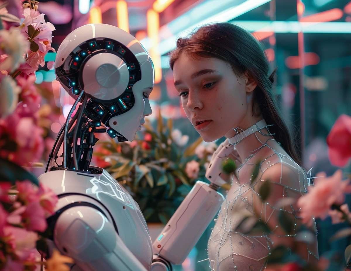 En vit robot och en kvinna med en robotarm, omgivna av rosa blommor.