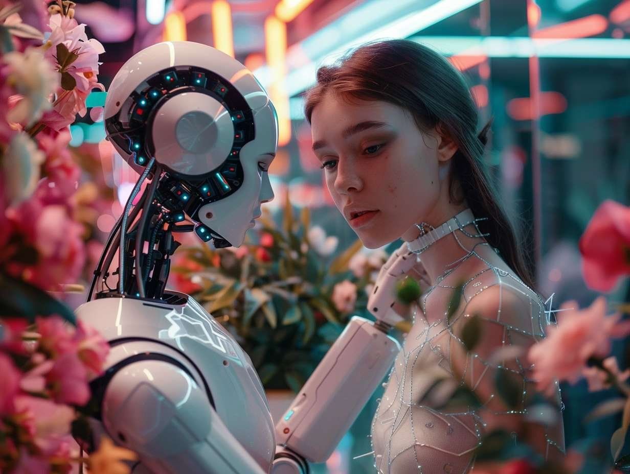 En vit robot och en kvinna med en robotarm, omgivna av rosa blommor.