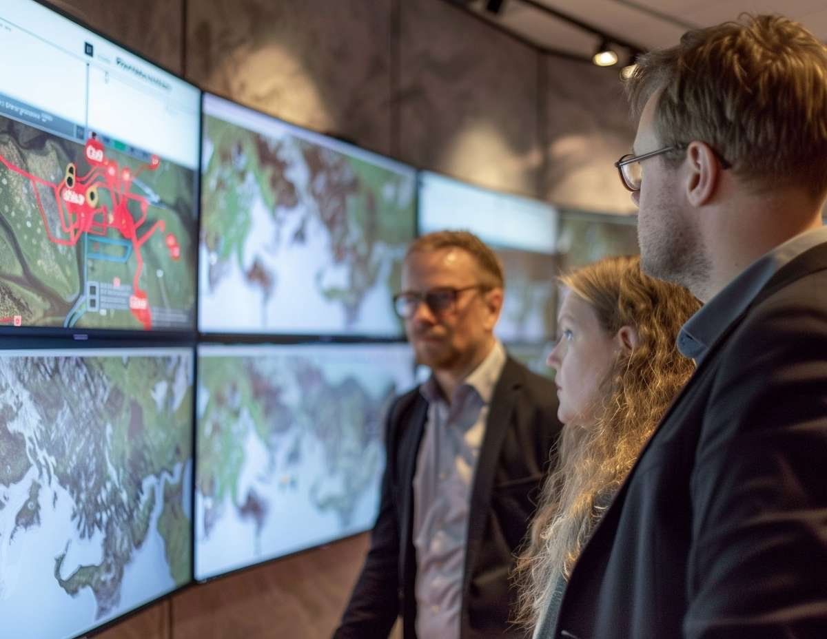 Tre personer betraktar en vägg med skärmar som visar kartor och dataflöden.