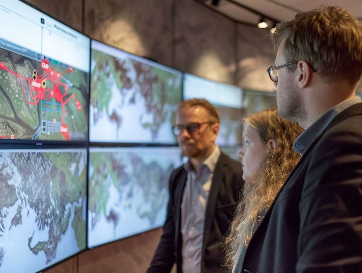 Tre personer betraktar en vägg med skärmar som visar kartor och dataflöden.