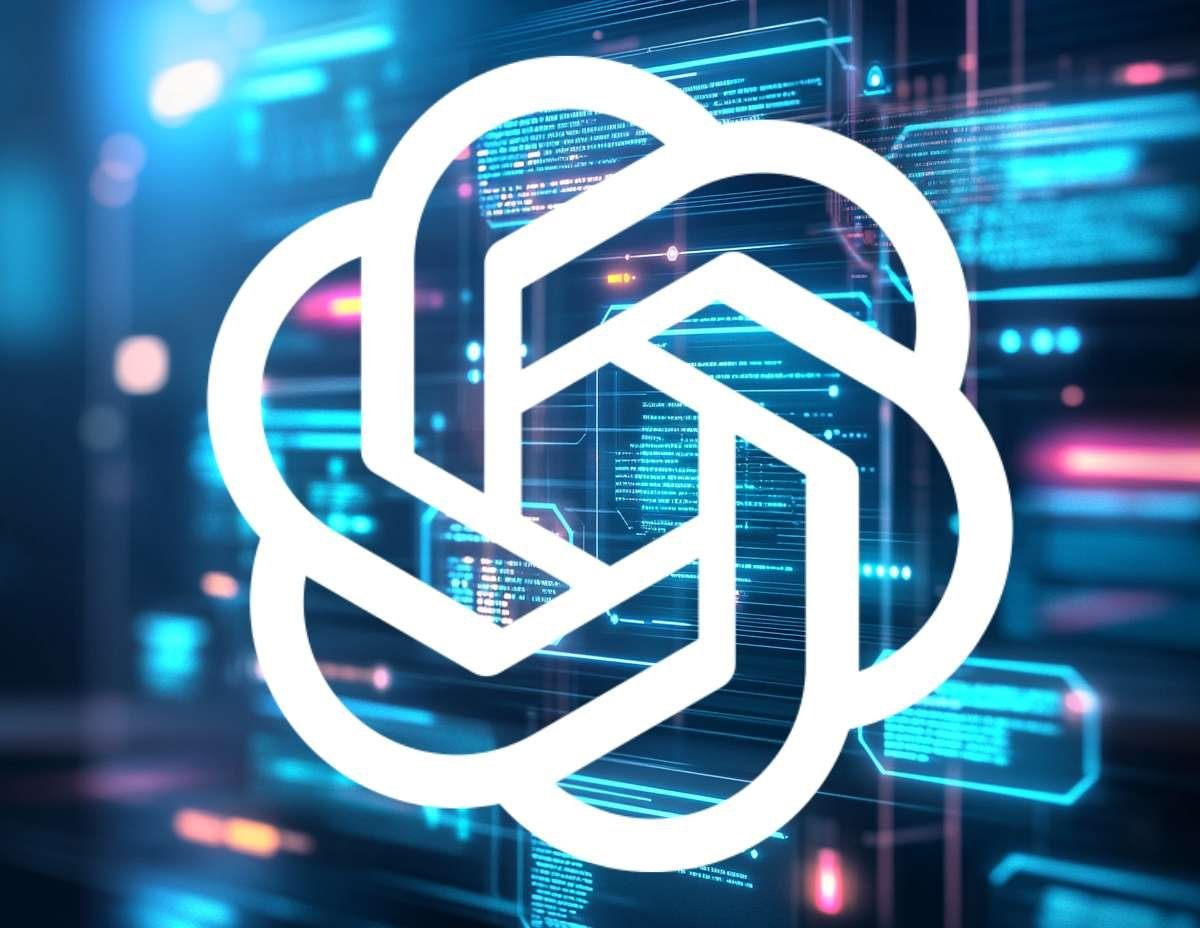 Vitt OpenAI-logotyp över en mörk, abstrakt digital bakgrund med blå och lila ljuseffekter.